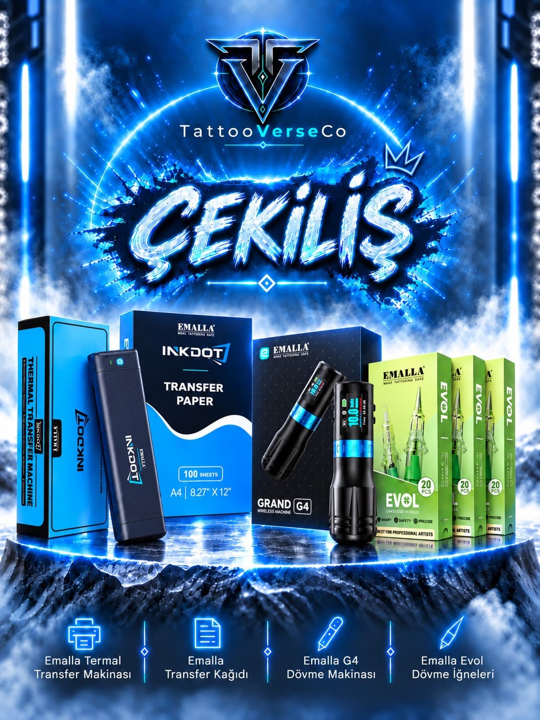 Das Emalla-Preispaket: G4-Wireless-Tattoomaschine, Thermotransferdrucker, Transferpapier und Evol-Nadelmodule.